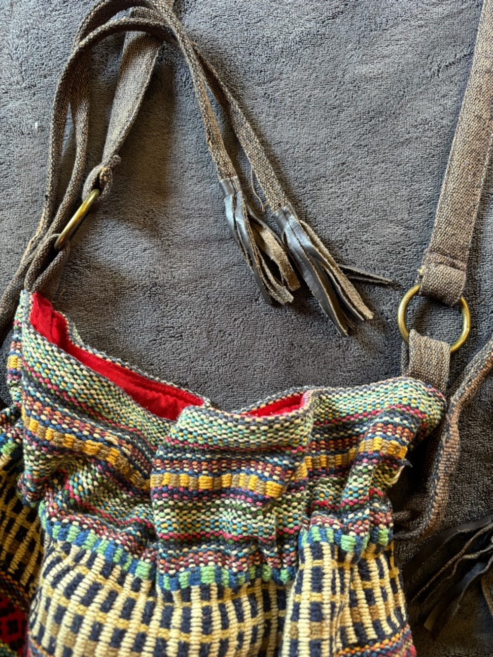 World Market Woven Bucket Bag, Distressed Boho Purse, Crochet Crossbody, Hobo - Picture 4 of 14